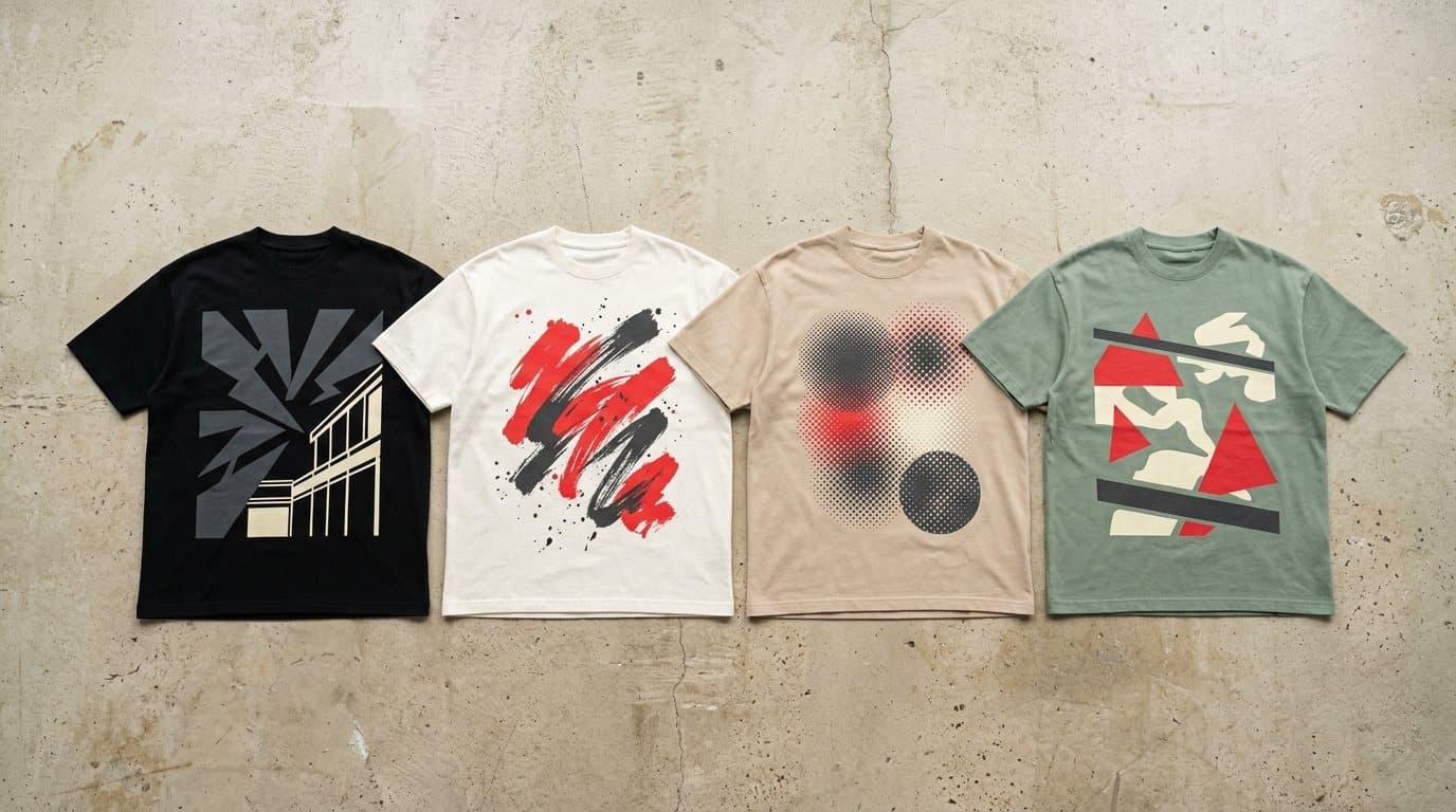 ตัวอย่างลายสกรีนเสื้อยืดโอเวอร์ไซซ์ 4 สี ลายกราฟิกนามธรรม (ภาพจำลอง)