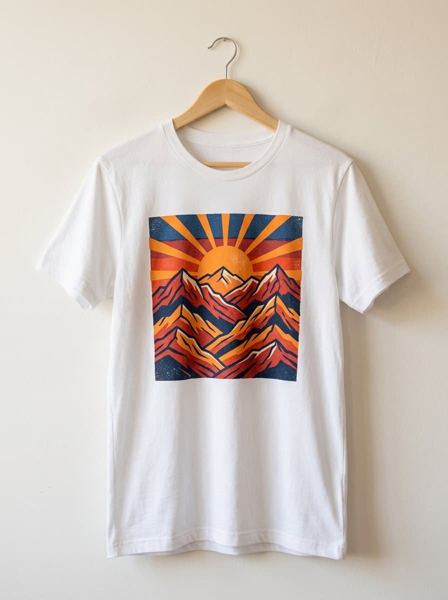 ตัวอย่างลายสกรีนพระอาทิตย์และภูเขาเต็มหน้าอกเสื้อยืดสีขาว (ภาพจำลอง)