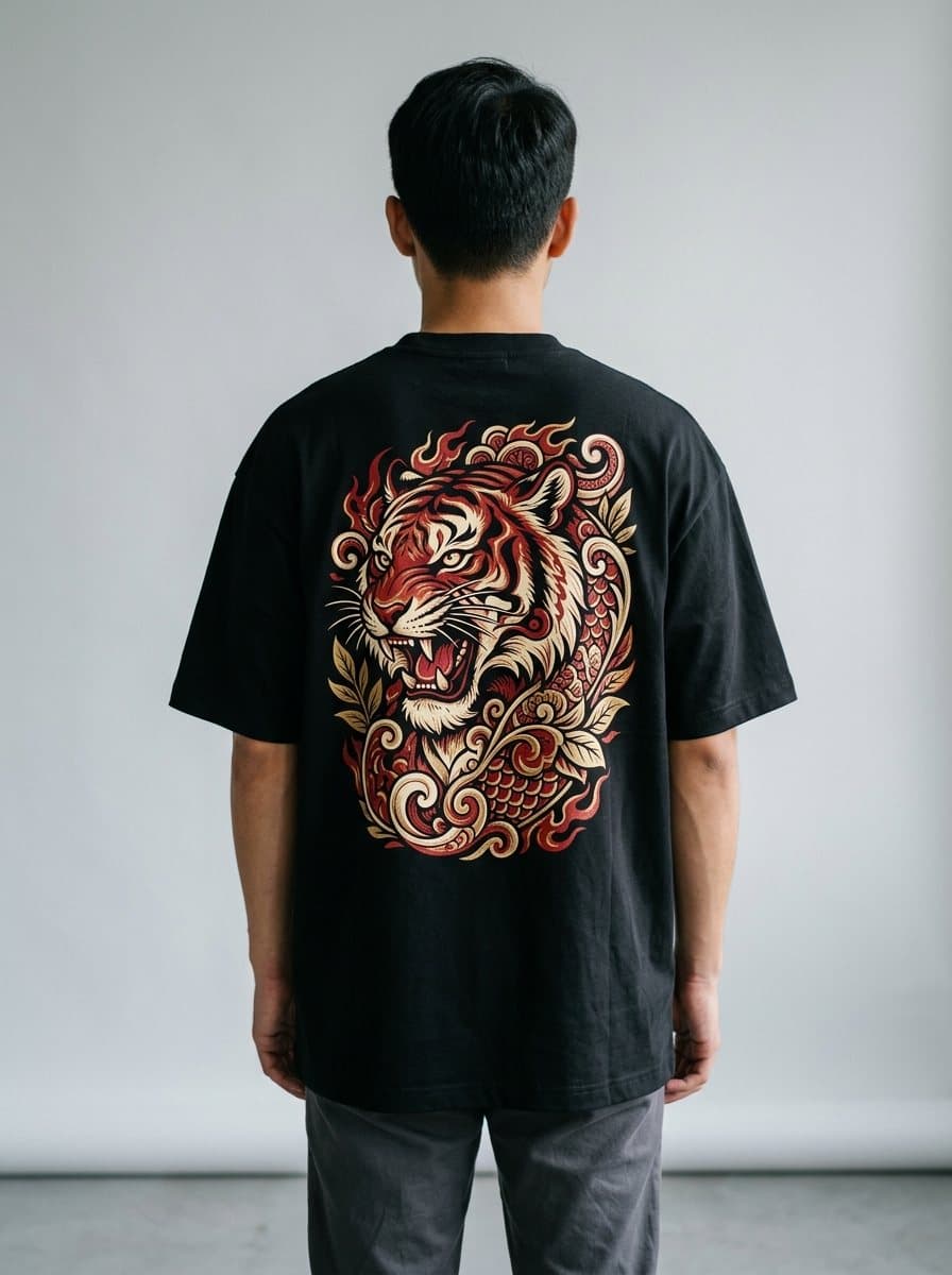 ตัวอย่างลายสกรีนหัวเสือเต็มแผ่นหลังเสื้อยืดโอเวอร์ไซซ์สีดำ (ภาพจำลอง)